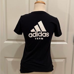 Adidas Women’s Short Sleeve Black Logo Athletic muscle T-Shirt with logo on back